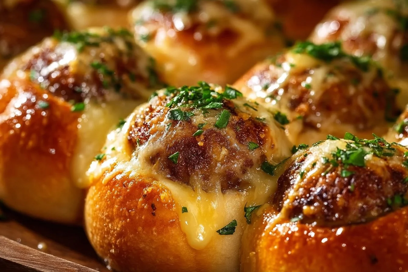 Garlic Parmesan Cheeseburger Bombs served on a plate with dipping sauce