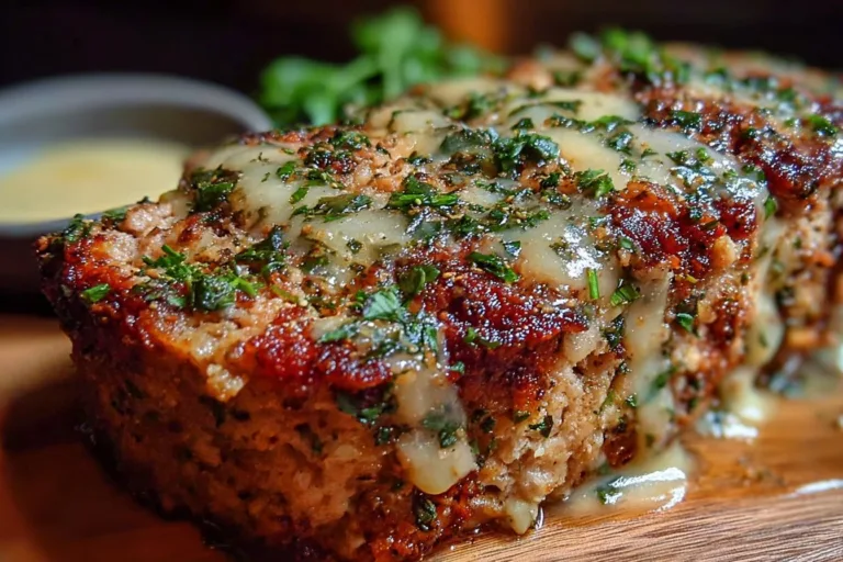 Delicious Garlic Parmesan Chicken Meatloaf served with herbs and spices.