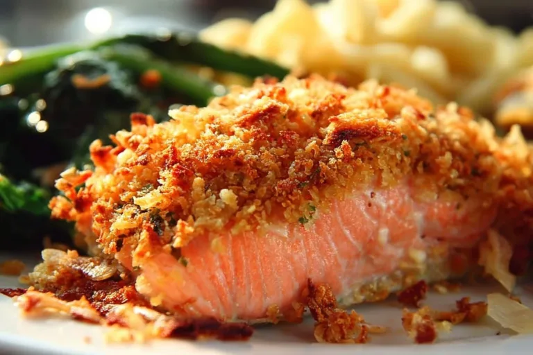 Garlic Parmesan Crusted Salmon served on a plate with herbs and lemon