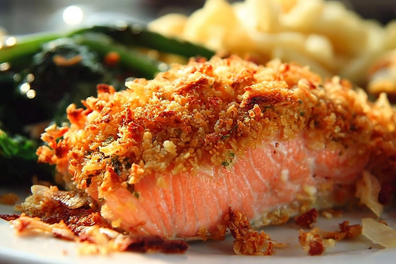 Garlic Parmesan Crusted Salmon served on a plate with herbs and lemon