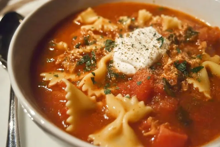 Bowl of gluten-free dairy-free lasagna soup topped with fresh herbs