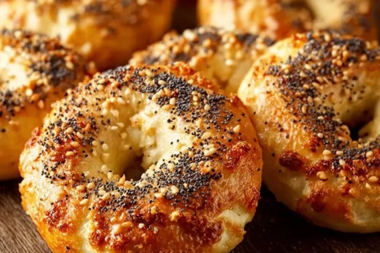 Homemade Greek yogurt bagels with toppings on a wooden cutting board.
