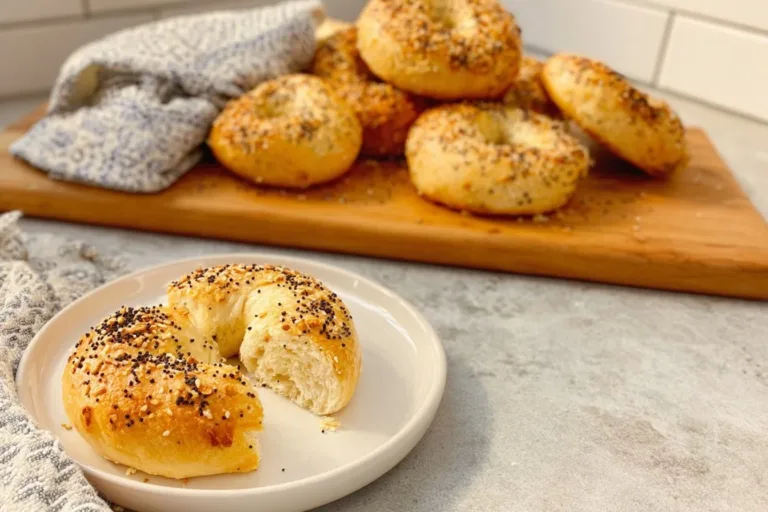 Homemade Greek yogurt bagels topped with sesame seeds on a wooden table