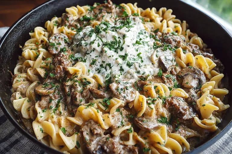 Delicious plate of Ground Beef Stroganoff with noodles and mushrooms