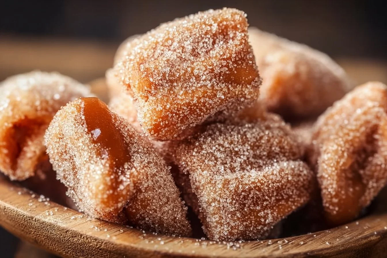 Healthy air fryer churro bites on a plate, sprinkled with cinnamon sugar.