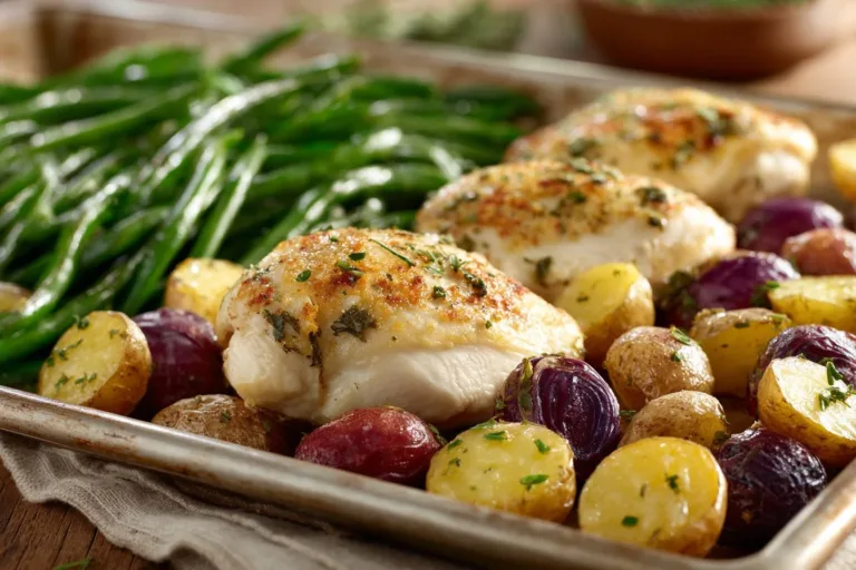 Healthy chicken parmesan topped with roasted vegetables on a plate.