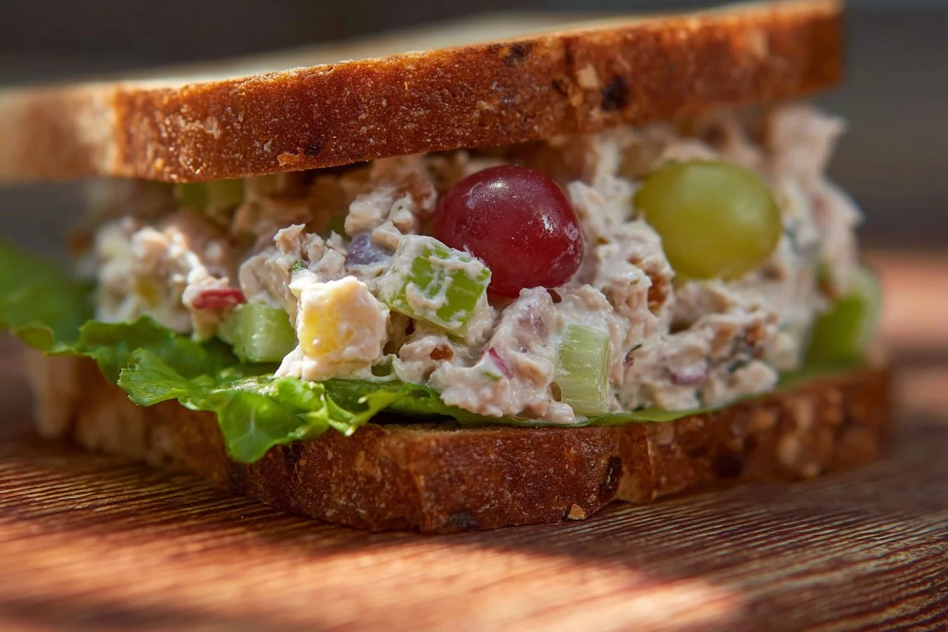 Healthy chicken salad with cottage cheese served in a bowl.