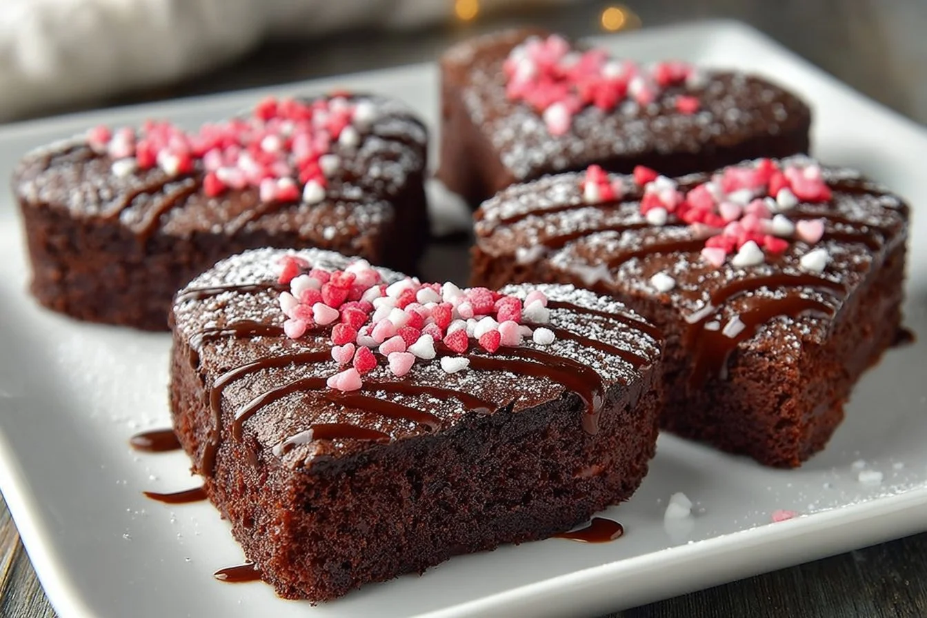 Delicious heart-shaped brownies topped with chocolate sprinkles on a white plate