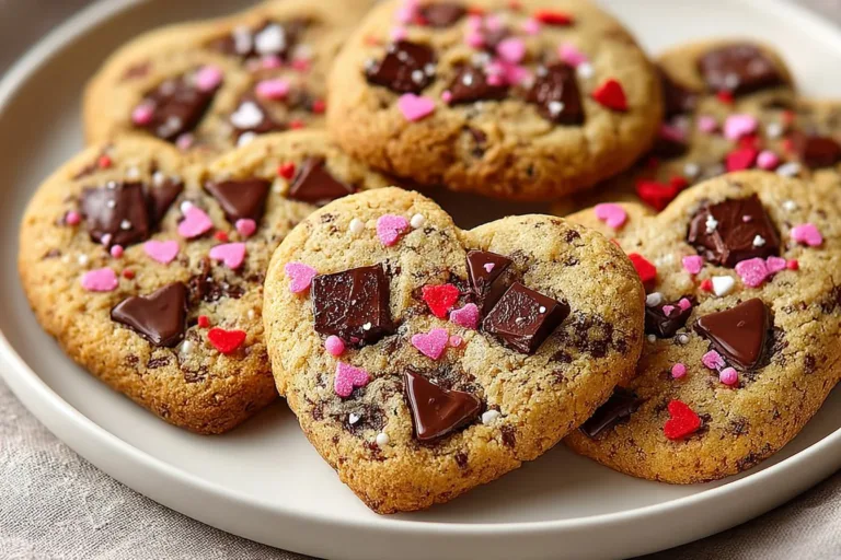 Heart shaped chocolate chip cookies stacked on a plate