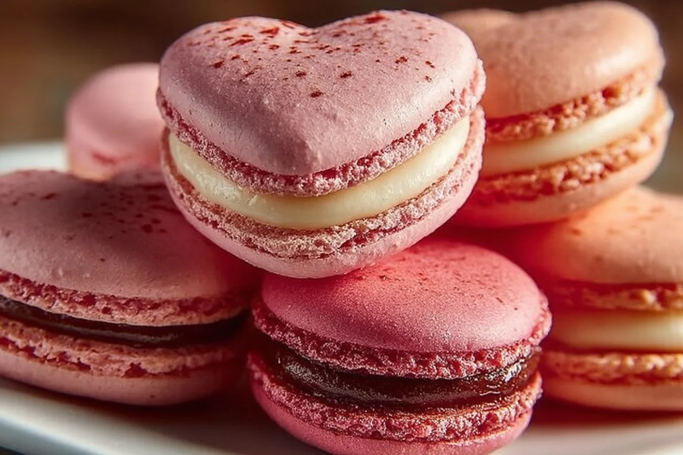 Heart-shaped macarons in various colors and flavors, beautifully arranged.