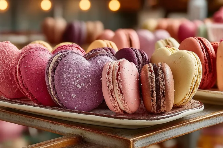 Heart shaped macarons in various colors and flavors