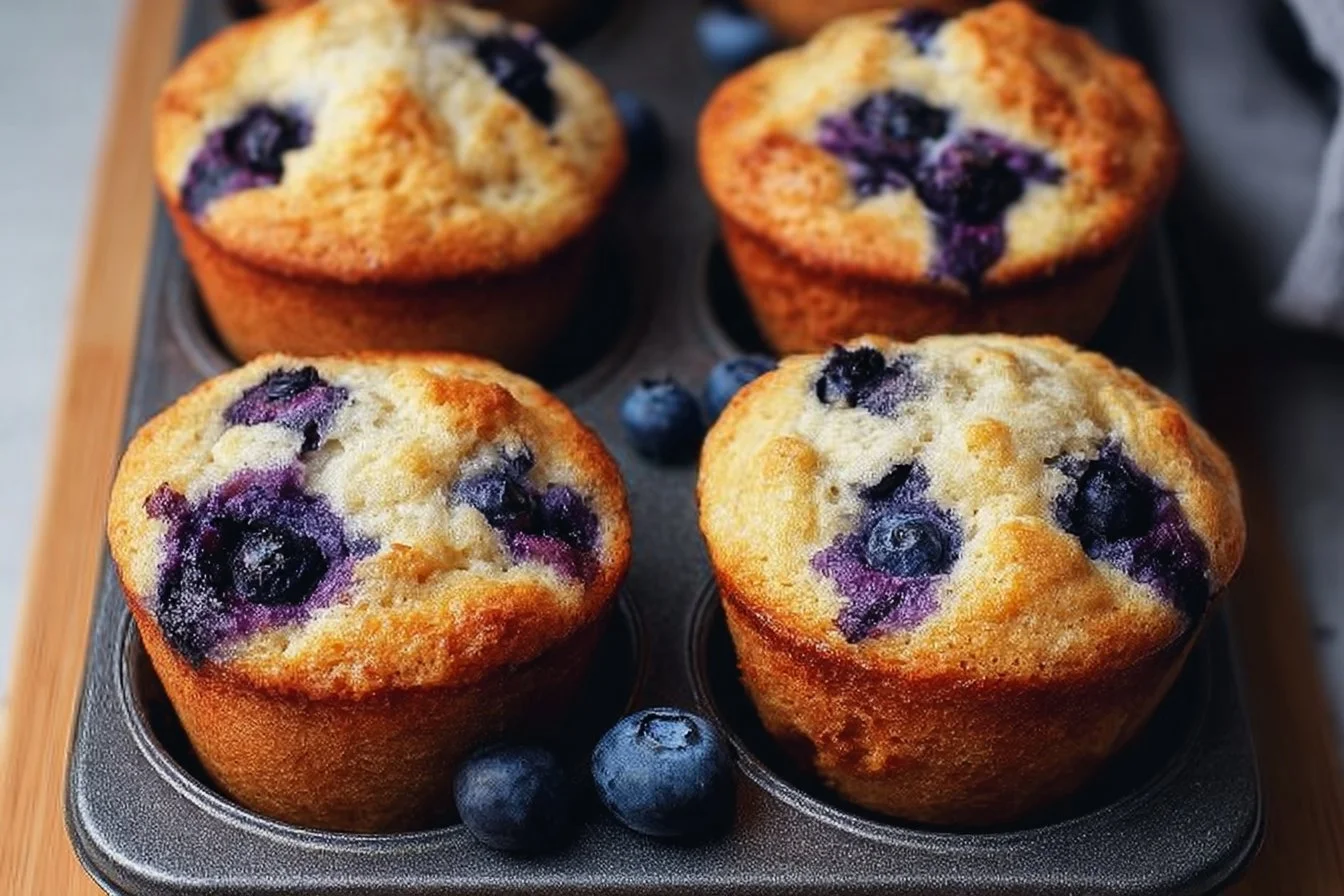 Hearty blueberry protein muffins fresh out of the oven, bursting with flavor.