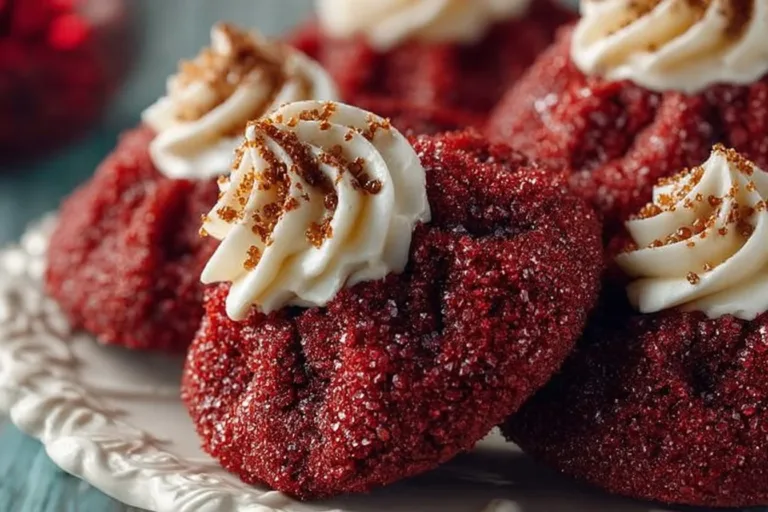 Plate of Hershey's Red Velvet Blossoms cookies decorated with cream cheese frosting.