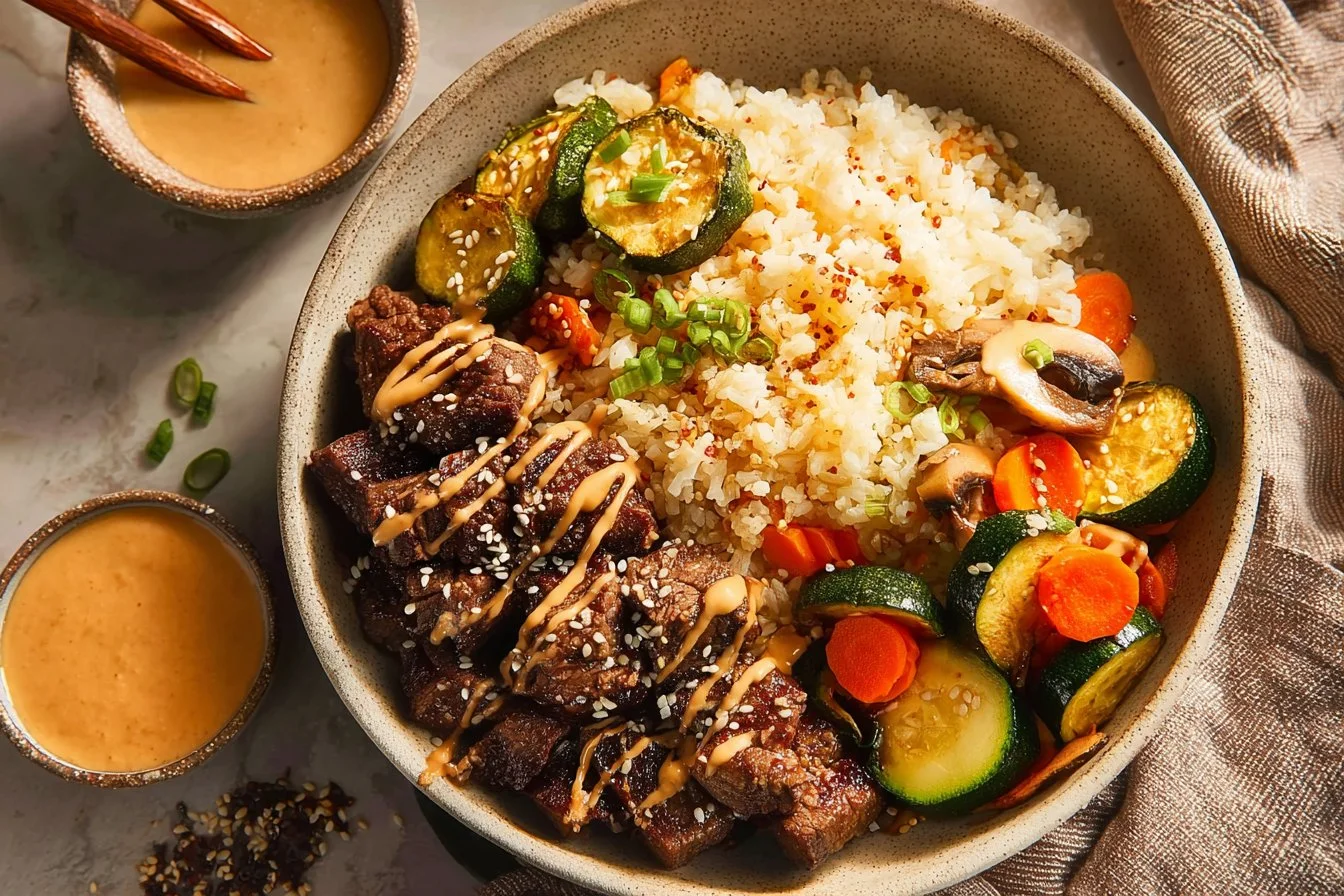Delicious Hibachi Steak Bowl with fresh vegetables and sauces
