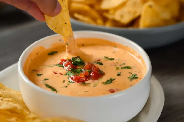 High protein cottage cheese queso served in a bowl with tortilla chips.