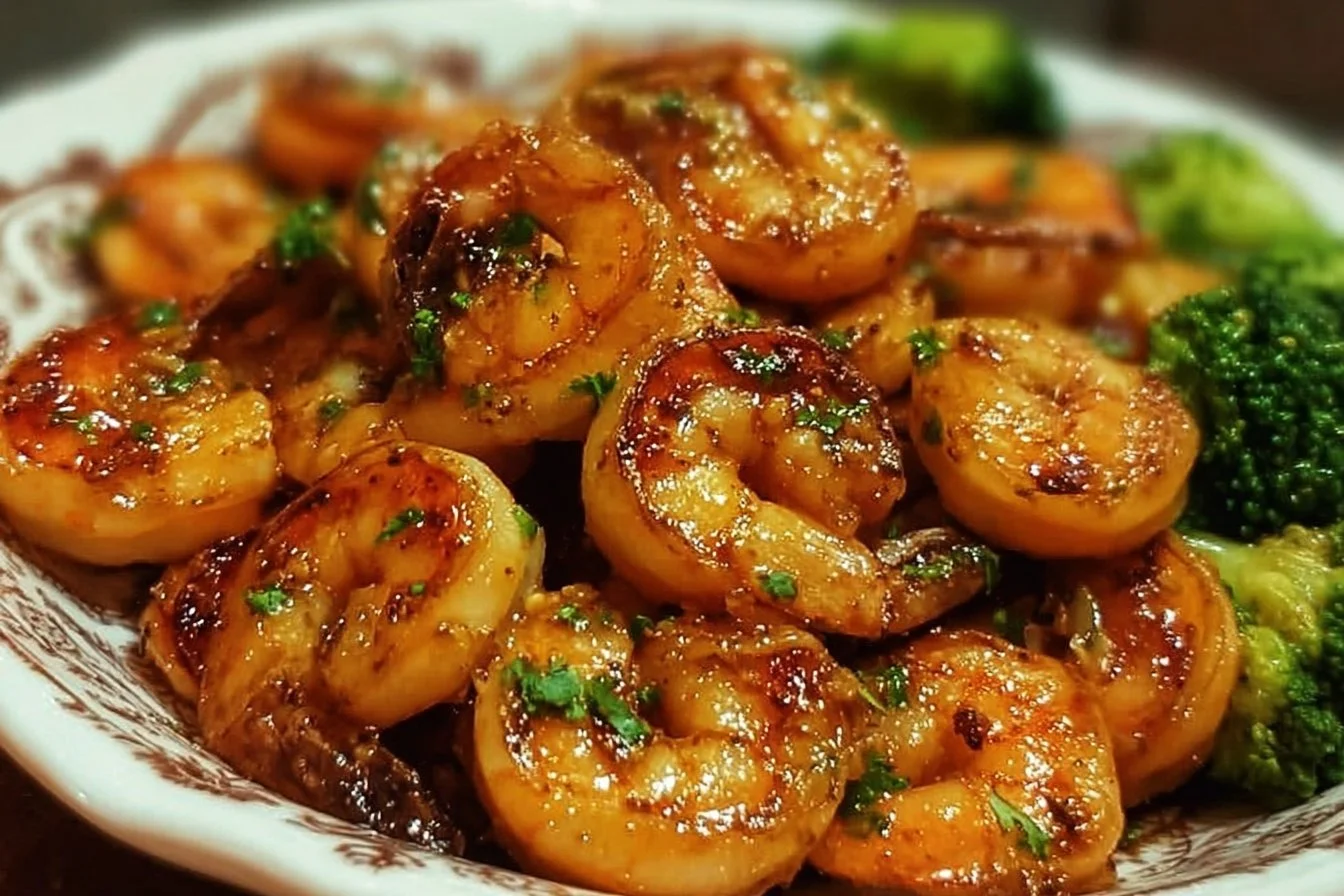 High-protein honey garlic shrimp dish served with vegetables