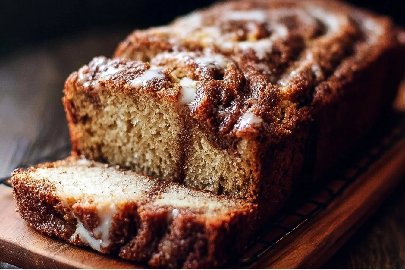Sliced homemade cinnamon swirl banana bread on a wooden cutting board