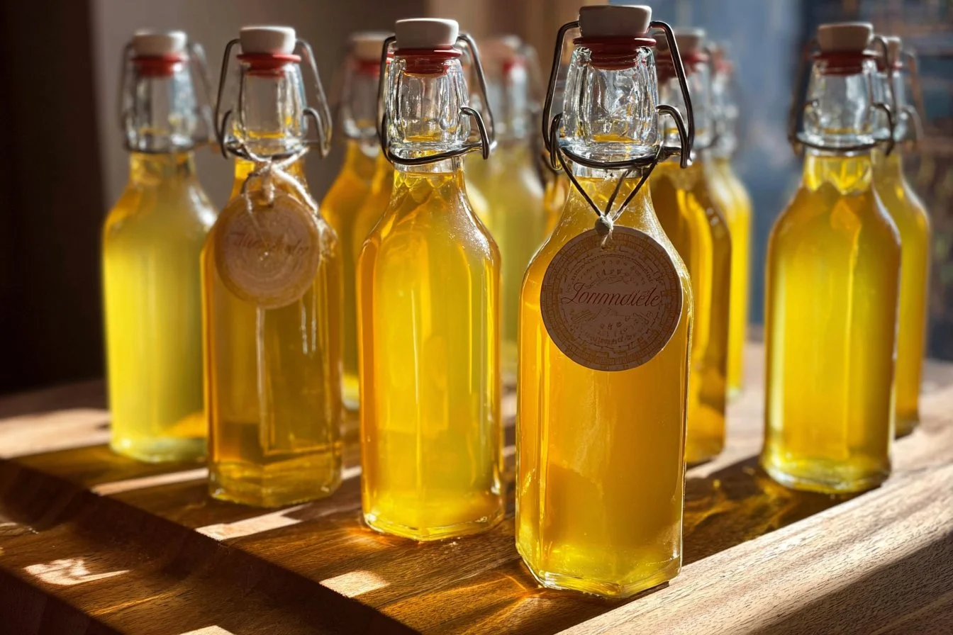 Bottle of homemade limoncello with fresh lemons