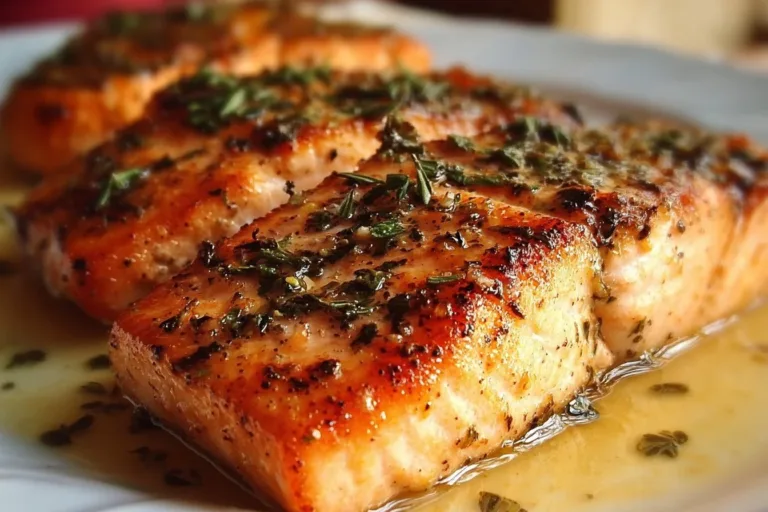 Delicious honey baked salmon served on a plate with herbs and lemon.