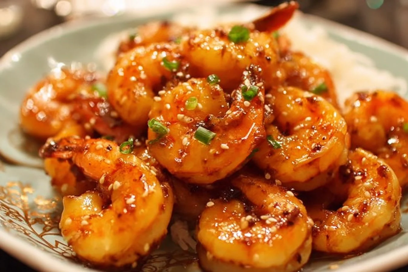 Plate of Honey Garlic Shrimp garnished with green onions