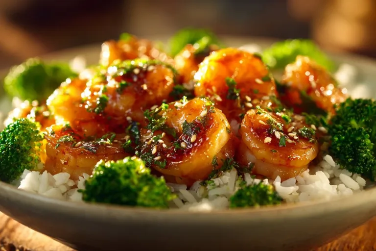 Honey Garlic Shrimp Bowl topped with fresh vegetables and rice.