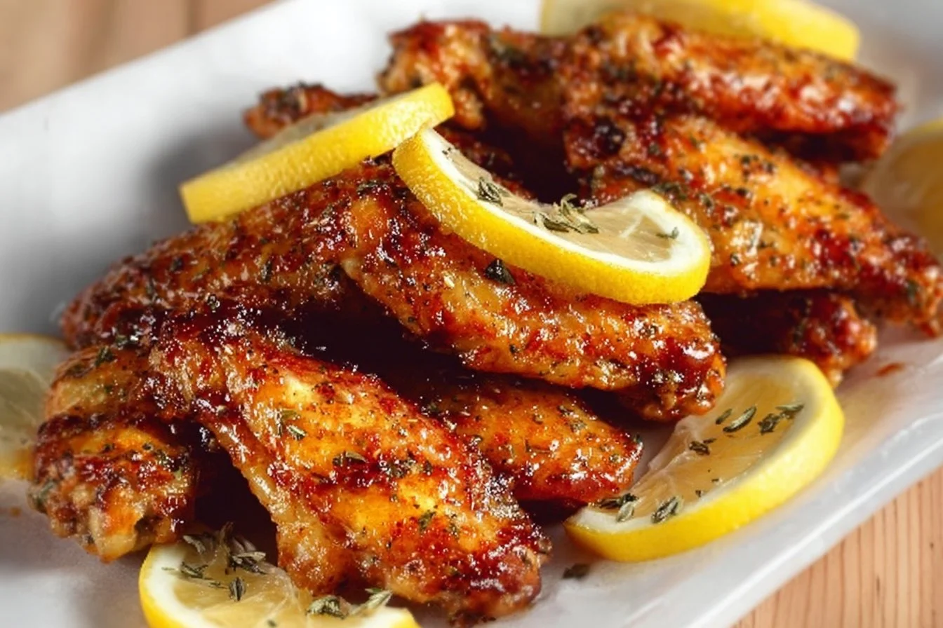 Plate of Honey Lemon Pepper Wings garnished with fresh herbs