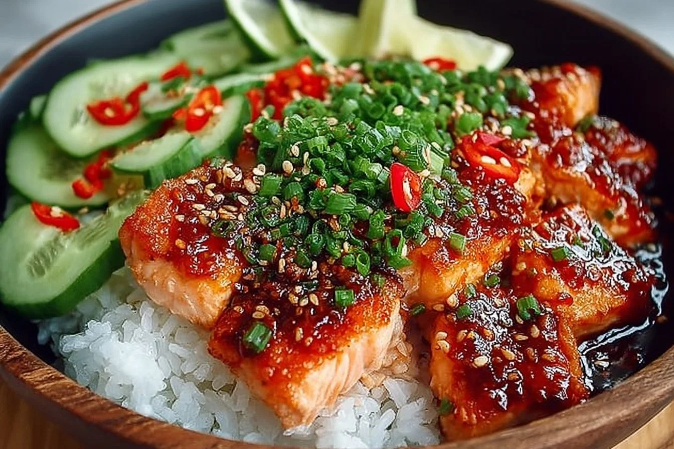 Delicious Honey Sriracha Salmon Bowl with vibrant vegetables and rice