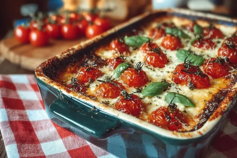 Delicious hot Caprese dip with fresh tomatoes, basil, and mozzarella cheese