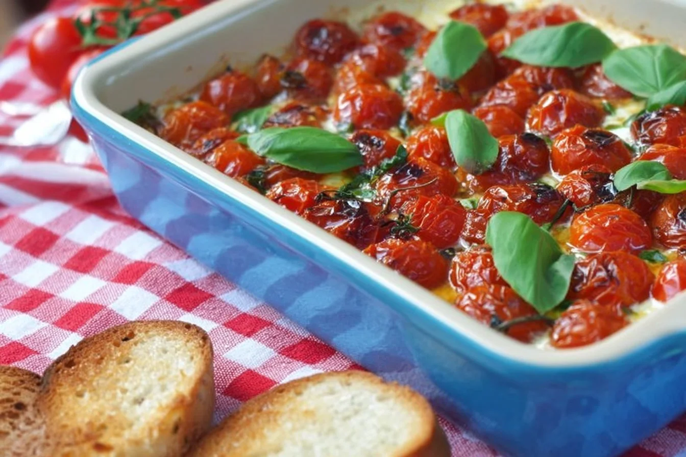 Delicious Hot Caprese Dip served in a bowl with fresh herbs and tomatoes