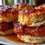 Hot Honey Chicken Biscuits served on a plate with a drizzle of honey