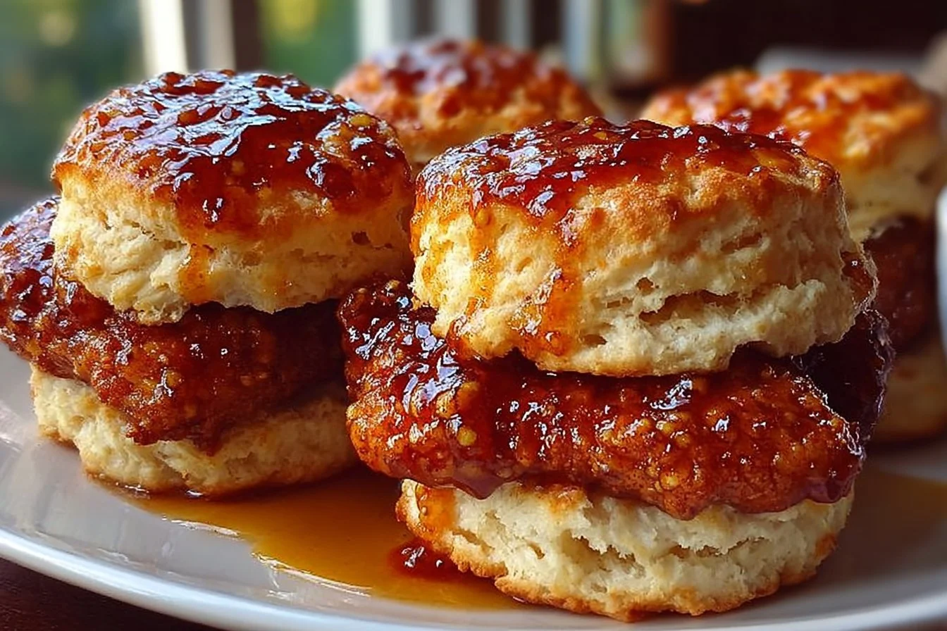 Hot Honey Chicken Biscuits served on a plate with a drizzle of honey