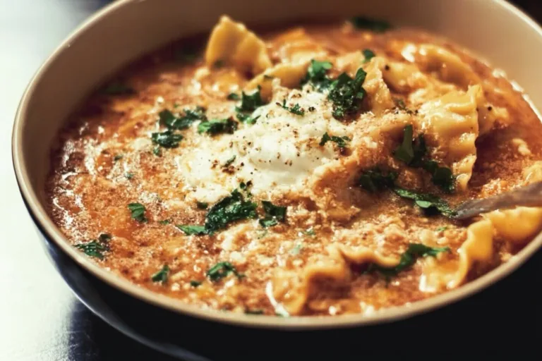 Bowl of Instant Pot Lasagna Soup topped with cheese and herbs