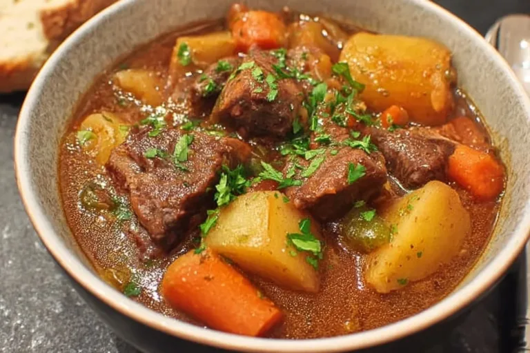 Delicious bowl of Irish beef stew with tender beef and fresh vegetables