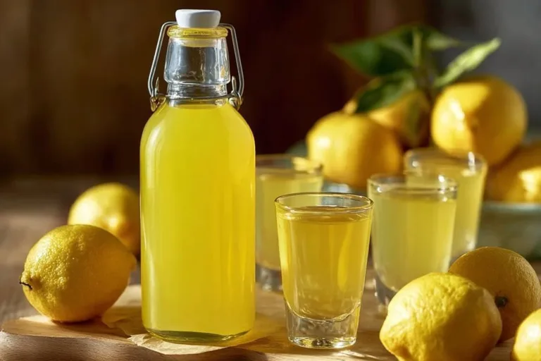 A bottle of Italian lemon liqueur surrounded by fresh lemons