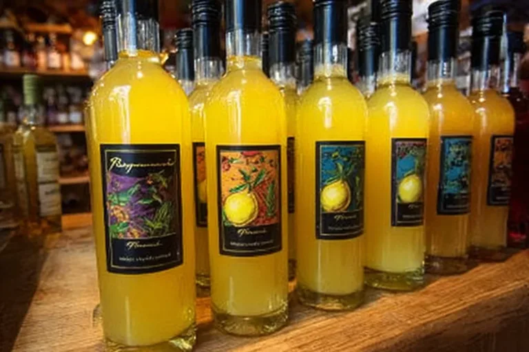 A glass of homemade limoncello with lemons and a bottle on a wooden table