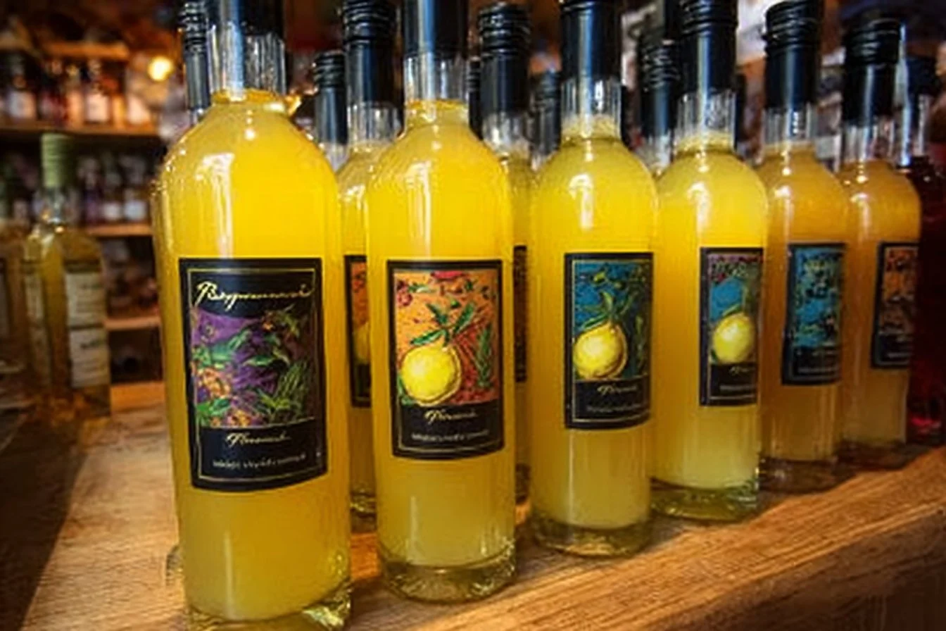 A glass of homemade limoncello with lemons and a bottle on a wooden table