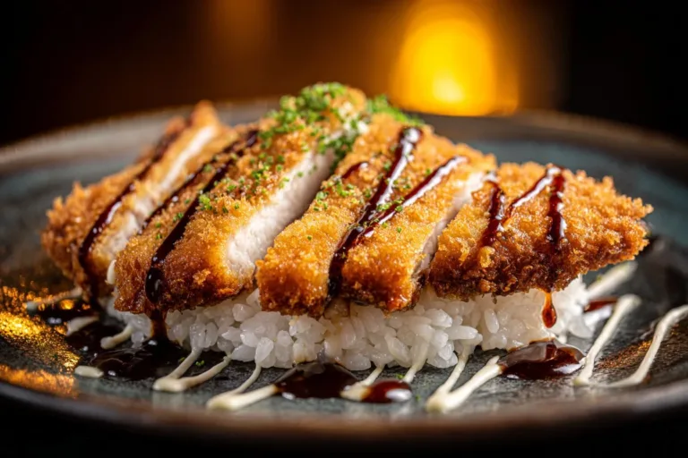 Delicious Japanese Katsu Bowl with crispy pork, rice, and savory sauce.