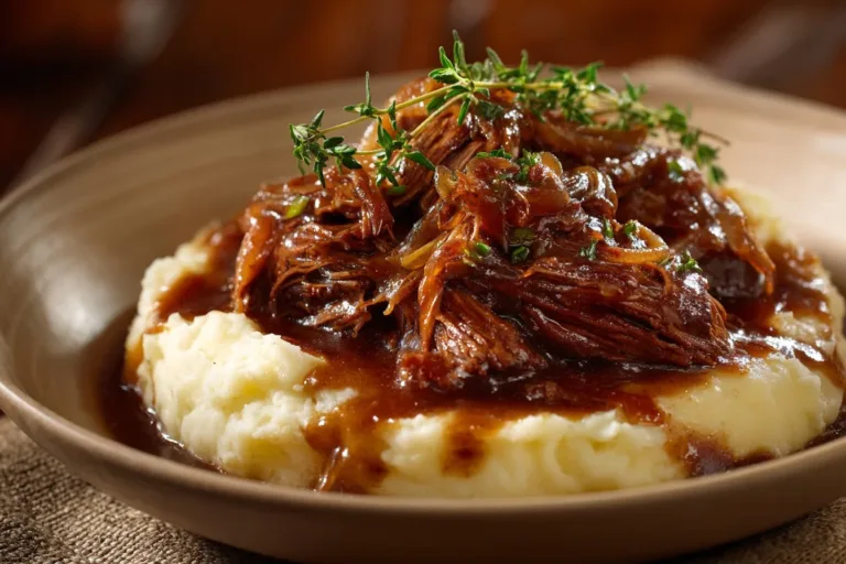 Deliciously juicy French onion pot roast served with caramelized onions and herbs.