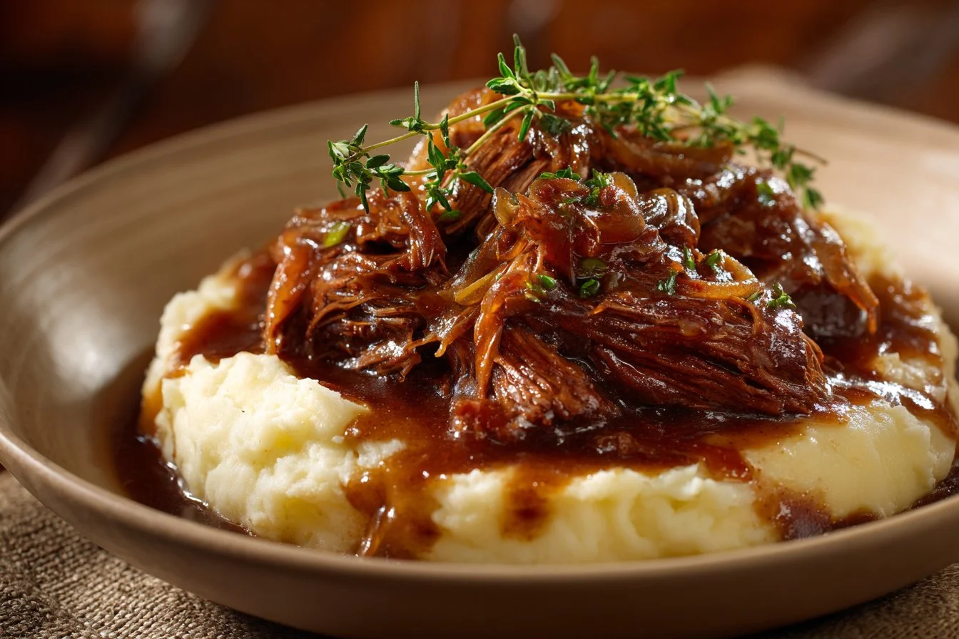 Deliciously juicy French onion pot roast served with caramelized onions and herbs.