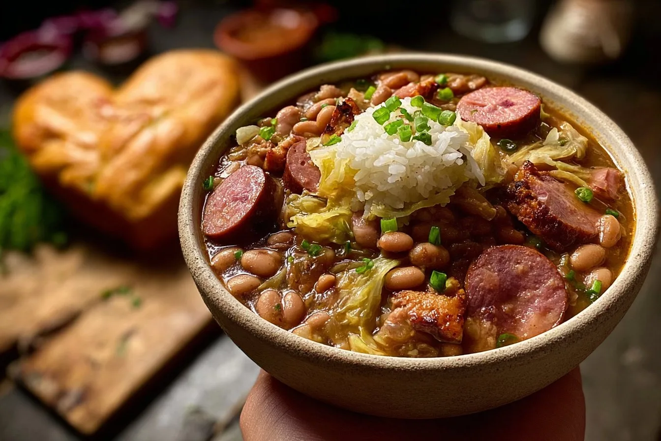Great Northern Beans, Pinto & Red Beans with Cabbage, Smoked Turkey & Andouille Sausage