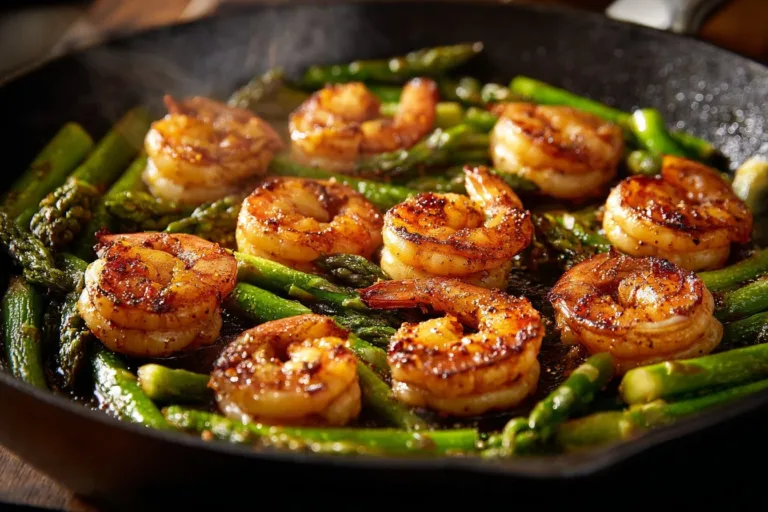 Sautéed lemon garlic shrimp with fresh asparagus on a plate