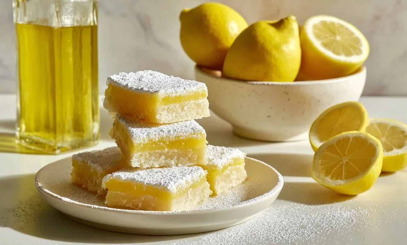 Homemade lemonade bars with a buttery crust and lemon filling on a wooden table