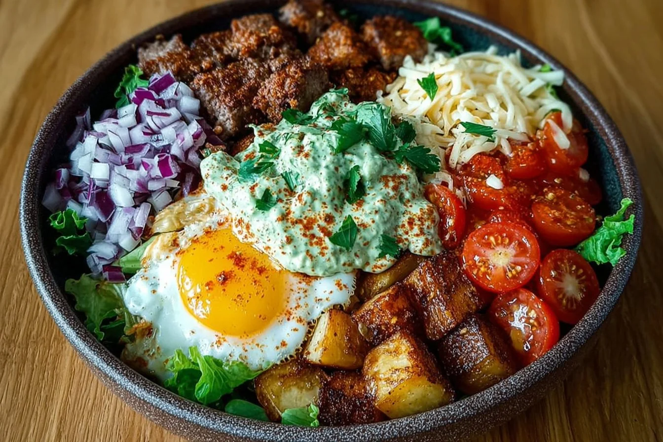 Loaded burger bowls with fresh ingredients and flavorful toppings