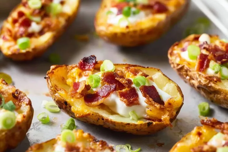 Delicious loaded potato skins topped with cheese, bacon, and green onions.