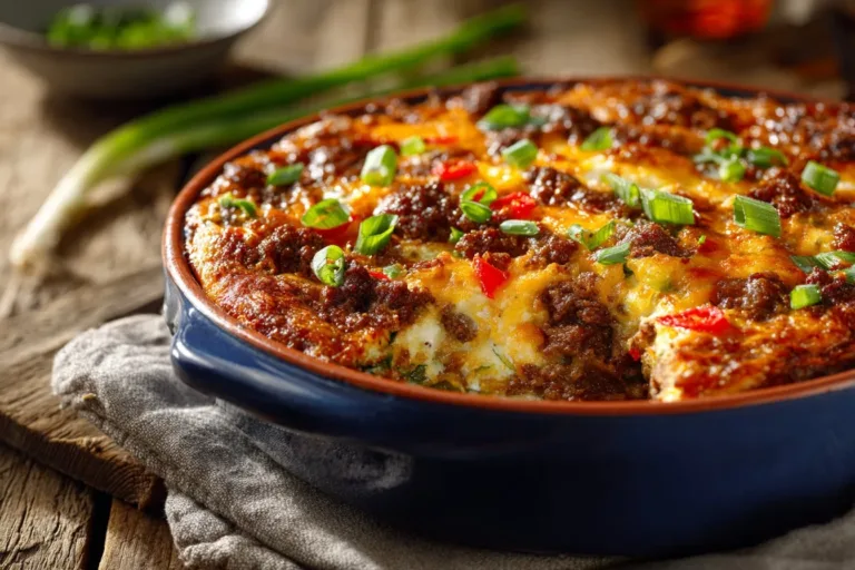 Delicious low carb Philly cheesesteak casserole topped with melted cheese