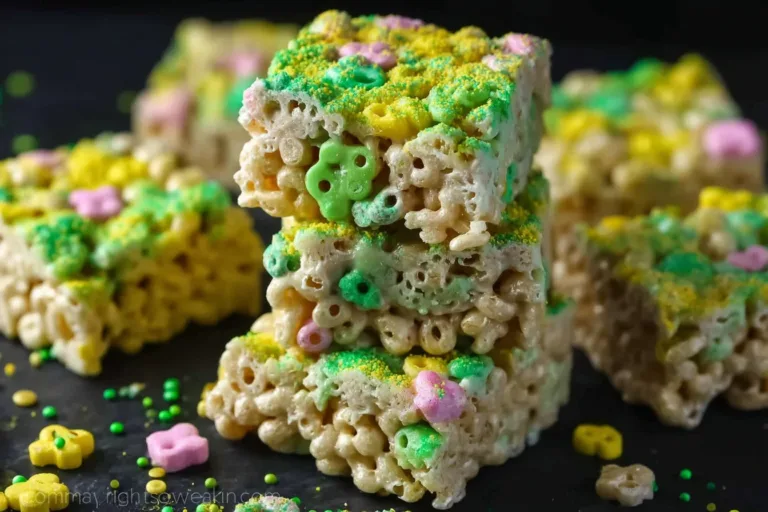 Delicious Lucky Charms Marshmallow Rice Krispies dessert bars with colorful marshmallows