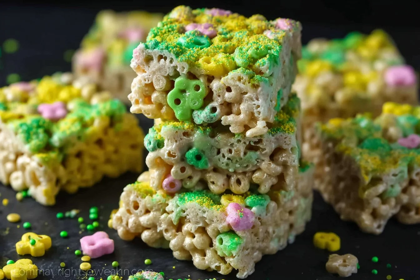 Delicious Lucky Charms Marshmallow Rice Krispies dessert bars with colorful marshmallows