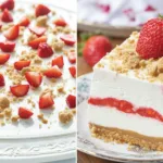 Delicious Strawberries and Cream Dream Layer Cheesecake Cake with fresh strawberries.