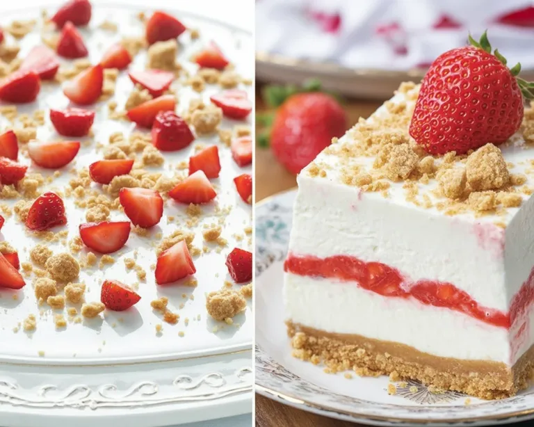 Delicious Strawberries and Cream Dream Layer Cheesecake Cake with fresh strawberries.