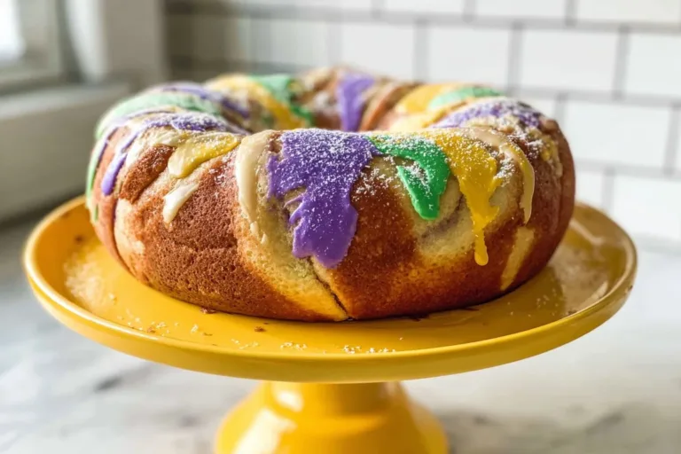 Delicious Mardi Gras King Cake with vibrant icing on a festive table